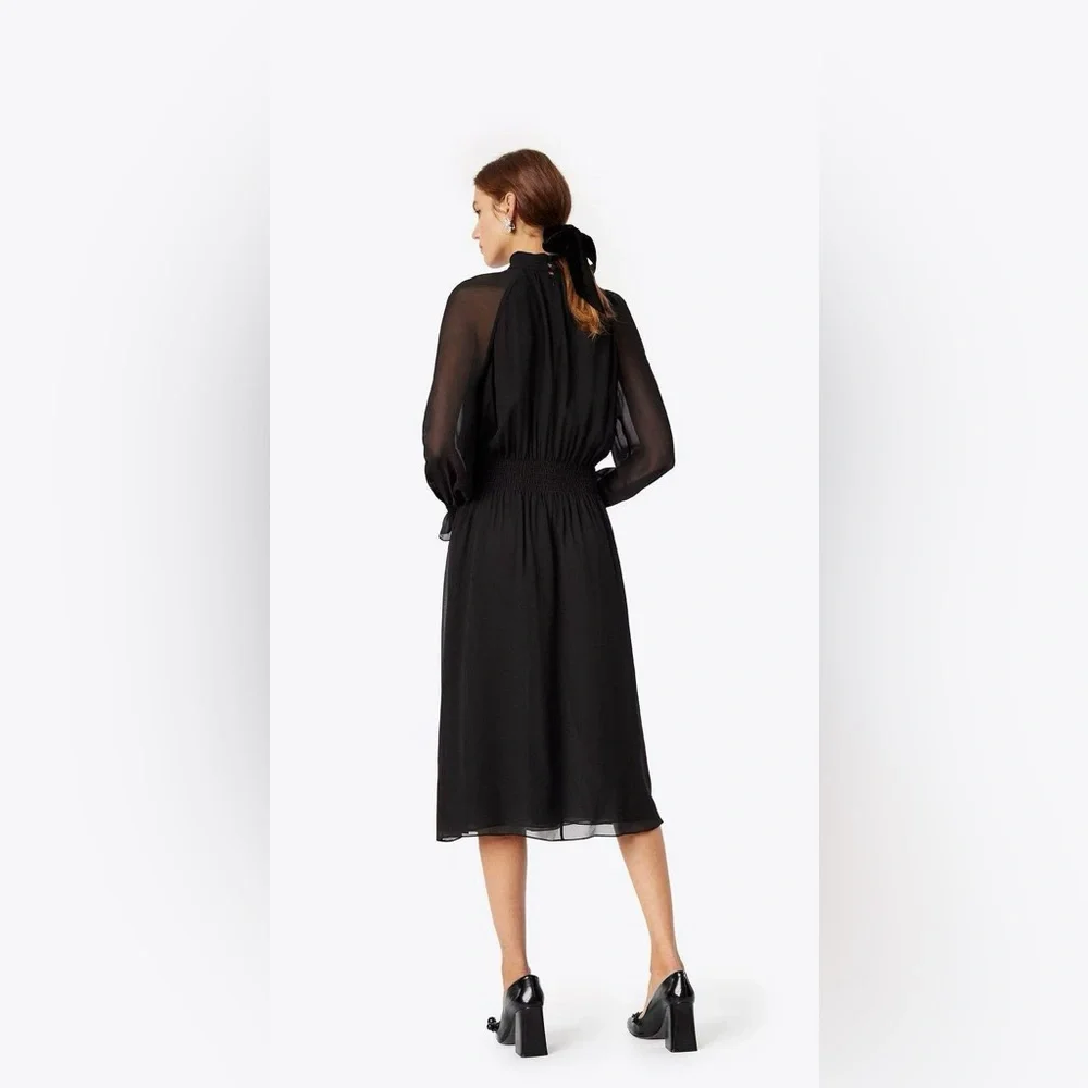 NWT Tory Burch Colette Black Silk Chiffon Sheer Long Sleeve Midi Dress